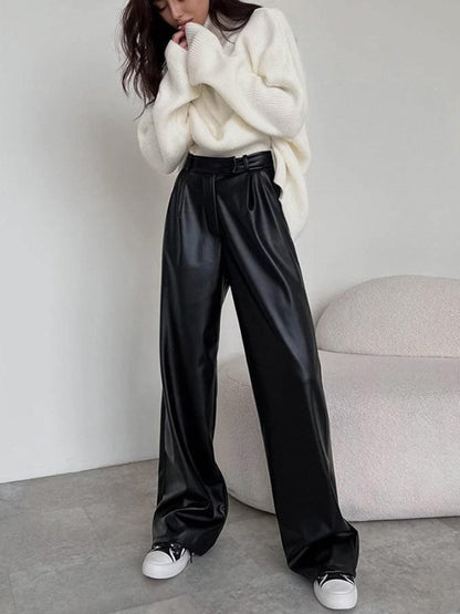 Women's High-Waisted Wide-Leg Leather Trousers - Tailored Fit - Pleated Elegant Design