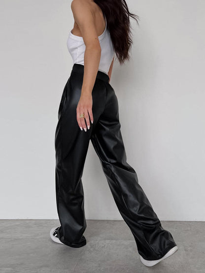 Women's High-Waisted Wide-Leg Leather Trousers - Tailored Fit - Pleated Elegant Design