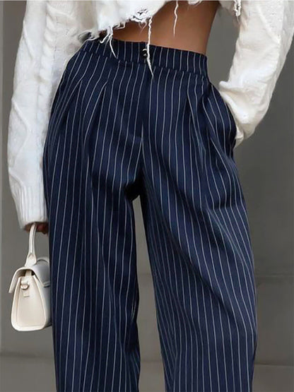 Women's Wide-Leg Trousers - High Waist - Tailored Fit - Pinstripe Elegant Style