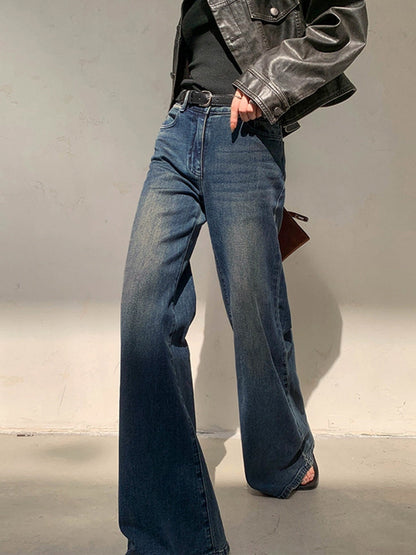 Women's Wide-Leg Jeans - High Waist - Full Length - Vintage Wash Denim