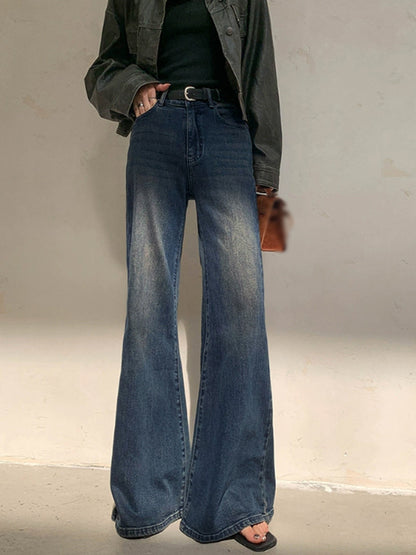 Women's Wide-Leg Jeans - High Waist - Full Length - Vintage Wash Denim