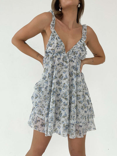 Multicolor Floral Print Halter Tie Mini Dress - Lightweight Summer Outfit