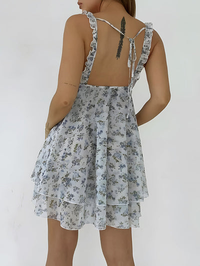 Multicolor Floral Print Halter Tie Mini Dress - Lightweight Summer Outfit