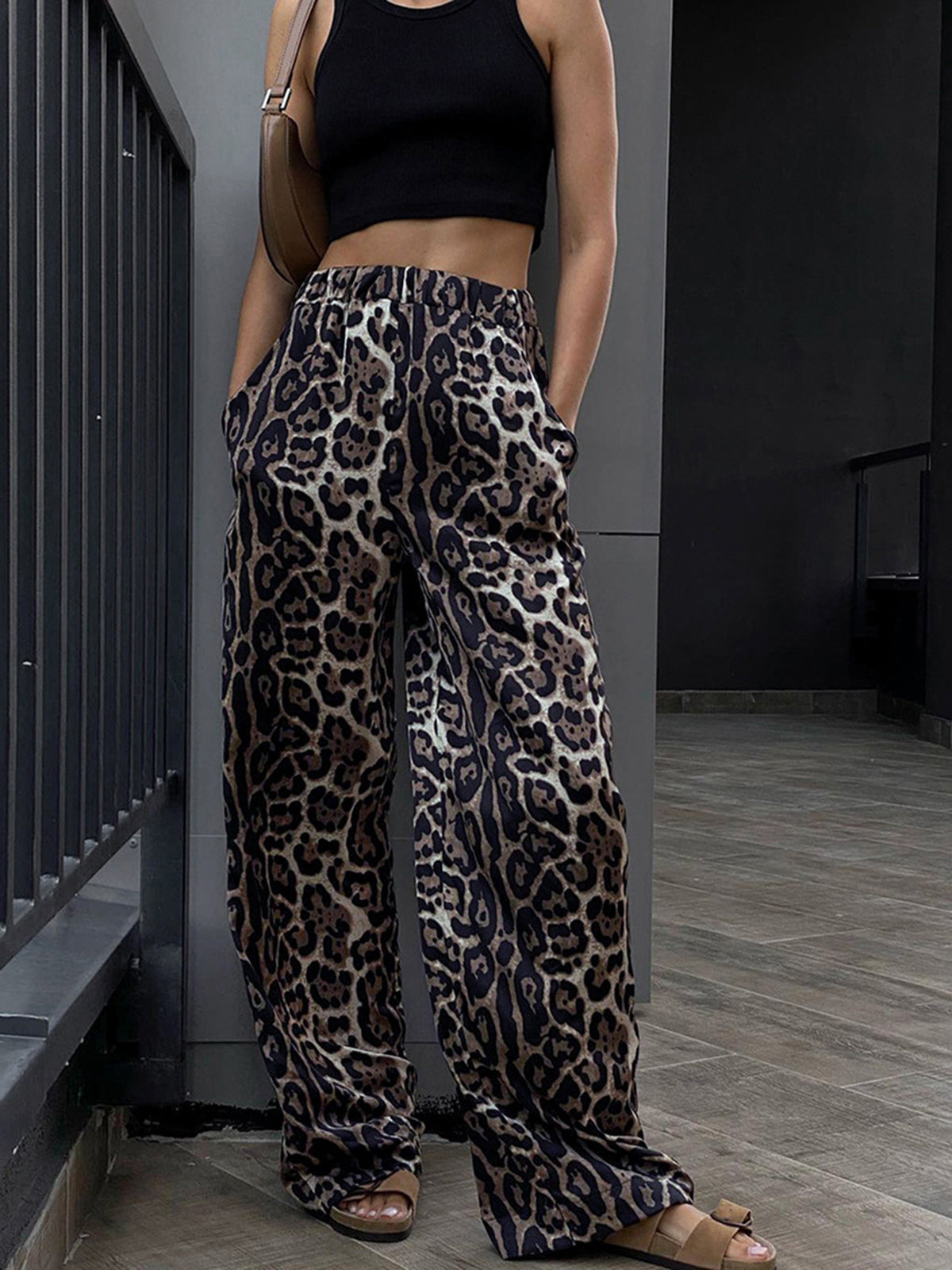 Women's Wide-Leg Pants - Animal Print - Elastic Waist - Flowy Relaxed Fit