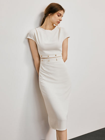 Women's Midi Dress - Fitted Silhouette - Round Neck - Short Sleeve - Button Detail