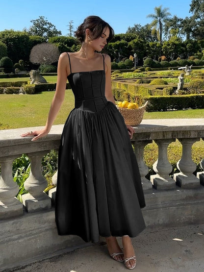 Women’s Long Dress – Structured Bodice – Spaghetti Straps – Flowing A-Line Skirt