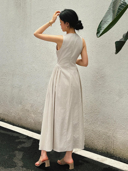 Elegant Cotton-Linen Maxi Dress with Cut-Out for Women