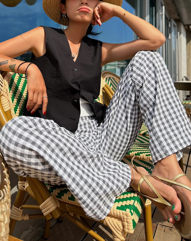 Women's Wide-Leg Trousers - High-Waisted Checkered Design - Relaxed Fit Breathable Fabric