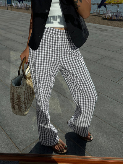 Women's Wide-Leg Trousers - High-Waisted Checkered Design - Relaxed Fit Breathable Fabric