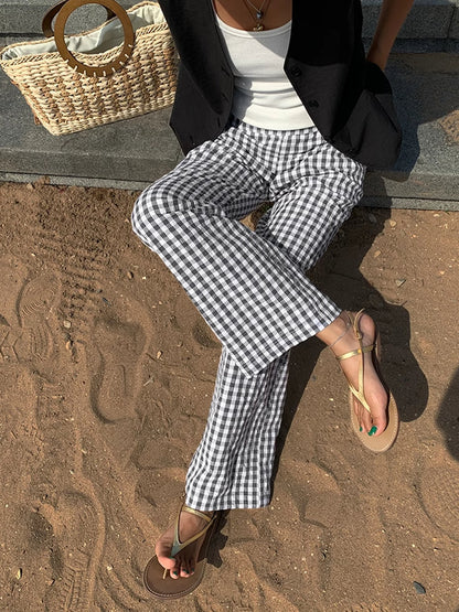 Women's Wide-Leg Trousers - High-Waisted Checkered Design - Relaxed Fit Breathable Fabric