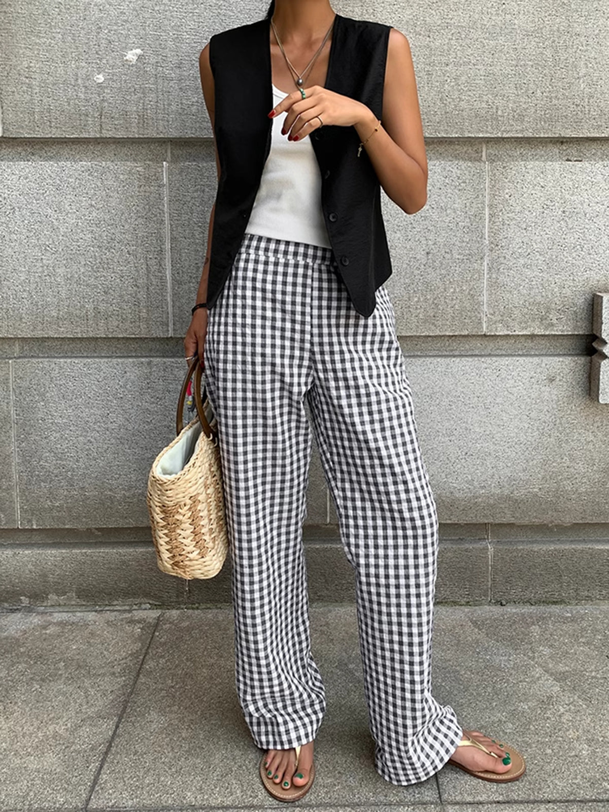 Women's Wide-Leg Trousers - High-Waisted Checkered Design - Relaxed Fit Breathable Fabric