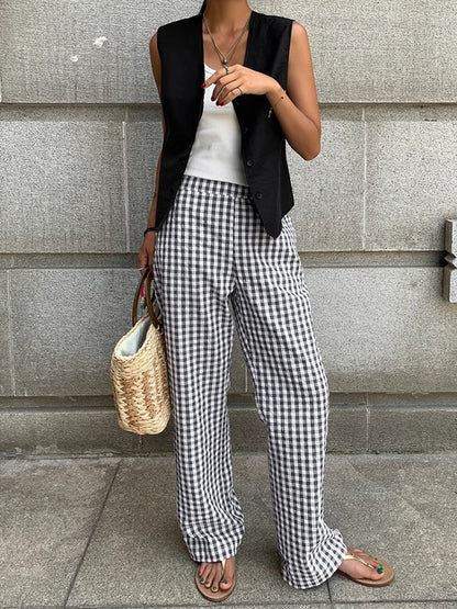 Women's Wide-Leg Trousers - High-Waisted Checkered Design - Relaxed Fit Breathable Fabric