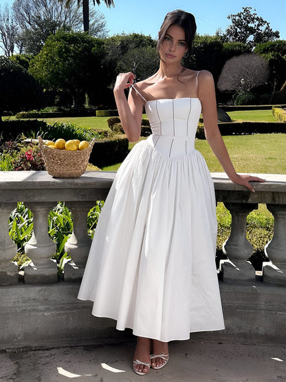 Women’s Long Dress – Structured Bodice – Spaghetti Straps – Flowing A-Line Skirt