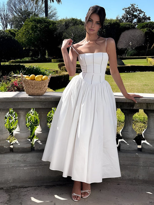 Women’s Long Dress – Structured Bodice – Spaghetti Straps – Flowing A-Line Skirt