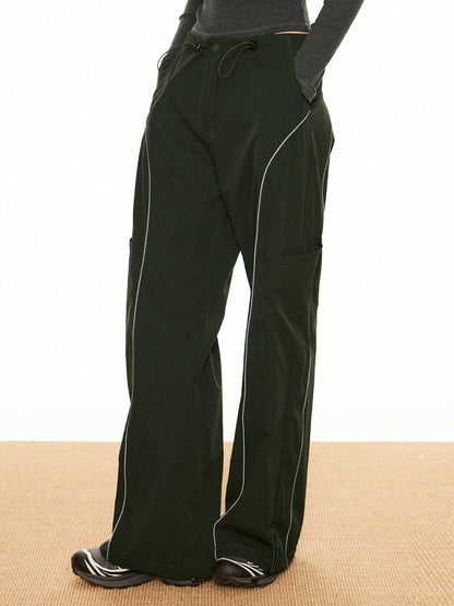 Women's Cargo Trousers - Wide Leg - Drawstring Waist - Contrast Piping - Utility Style