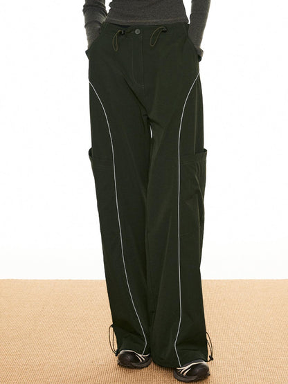 Women's Cargo Trousers - Wide Leg - Drawstring Waist - Contrast Piping - Utility Style