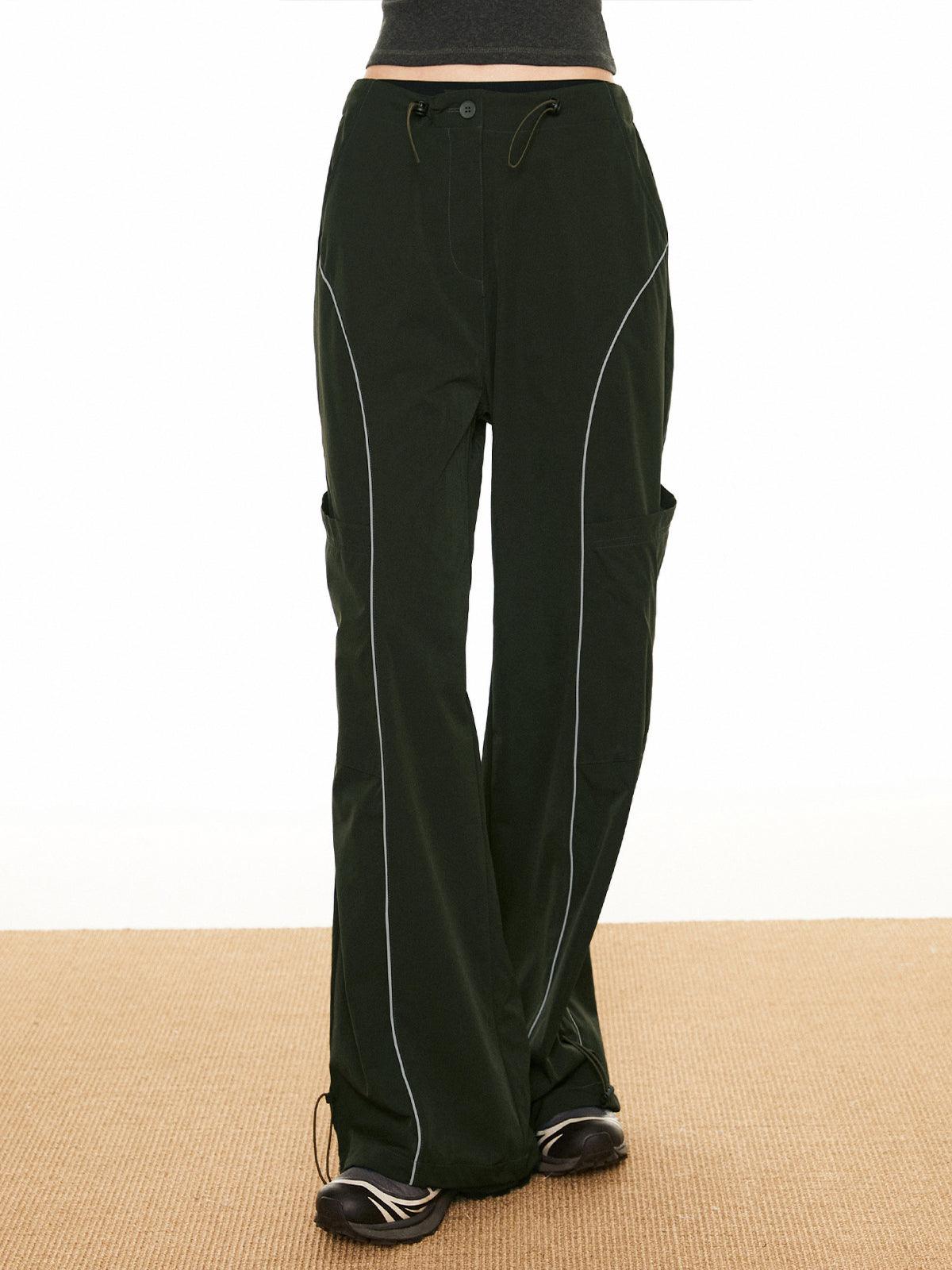 Women's Cargo Trousers - Wide Leg - Drawstring Waist - Contrast Piping - Utility Style