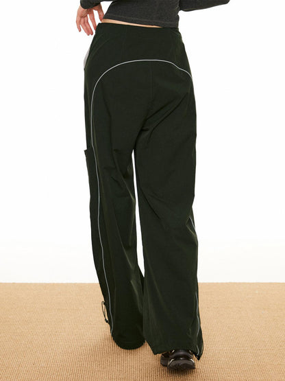 Women's Cargo Trousers - Wide Leg - Drawstring Waist - Contrast Piping - Utility Style