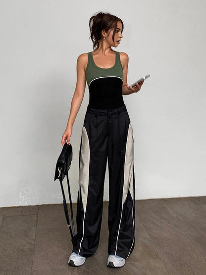 Women's Wide-Leg Track Trousers - Relaxed Fit - Elastic Waist with Drawstring - Sporty Style