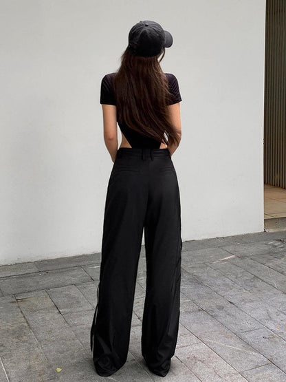 Women's Wide-Leg Track Trousers - Relaxed Fit - Elastic Waist with Drawstring - Sporty Style