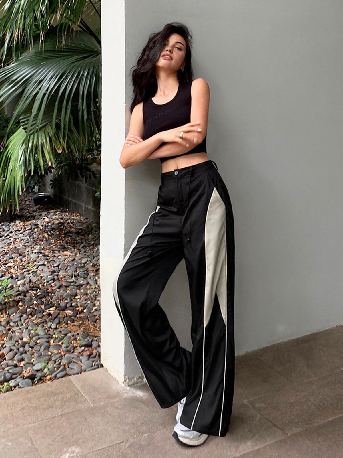 Women's Wide-Leg Track Trousers - Relaxed Fit - Elastic Waist with Drawstring - Sporty Style