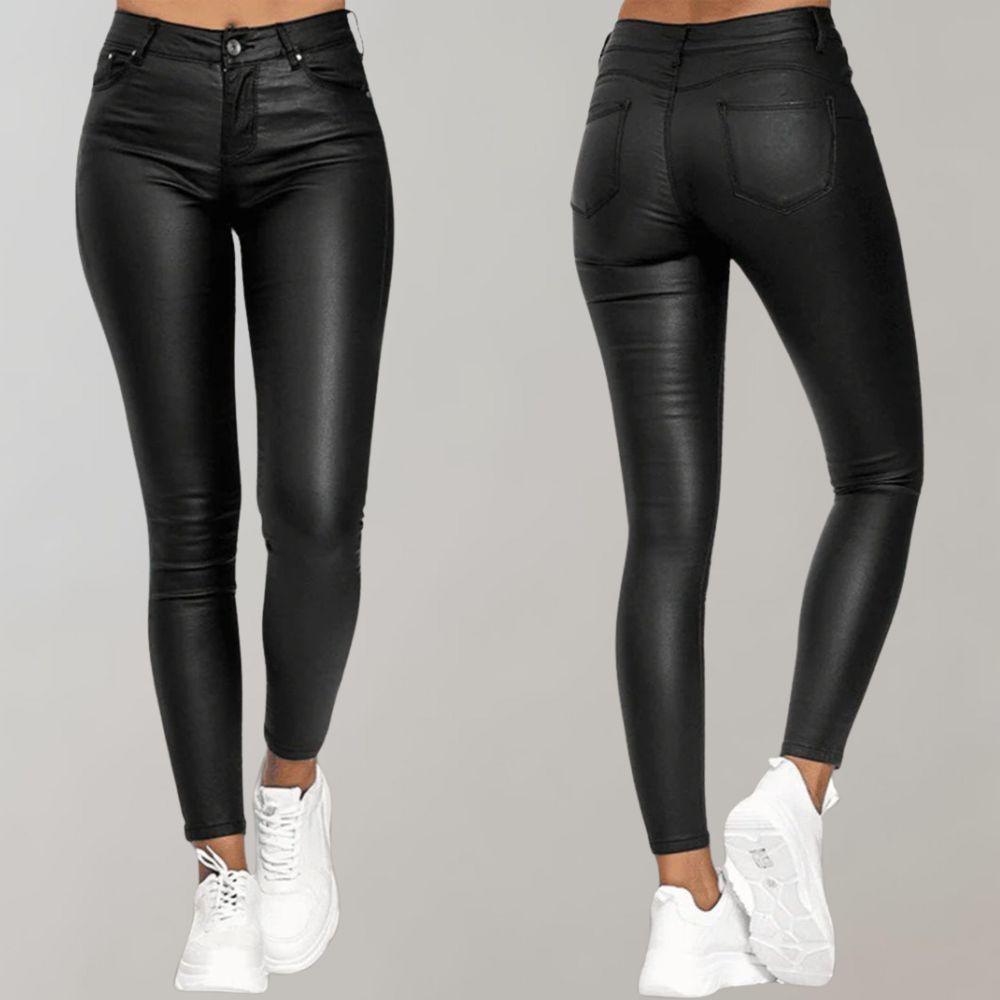 Women's High-Waisted Skinny Trousers - Coated Finish - Stretch Fit - Stylish Ankle Length