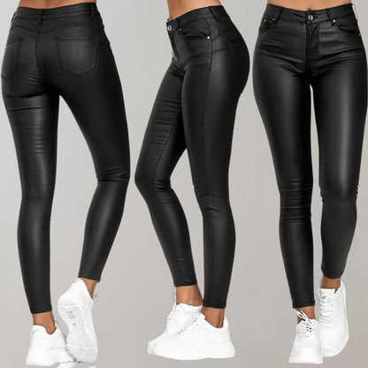 Women's High-Waisted Skinny Trousers - Coated Finish - Stretch Fit - Stylish Ankle Length