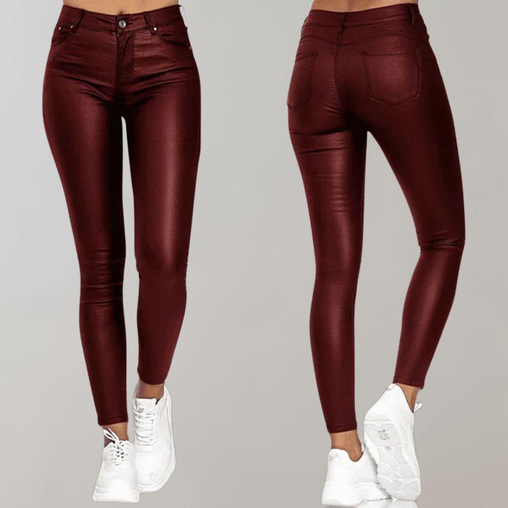 Women's High-Waisted Skinny Trousers - Coated Finish - Stretch Fit - Stylish Ankle Length