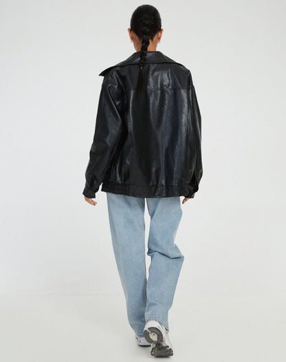 Women’s Leather Jacket – Oversized Fit – Hip Length – Zipper Front – Casual Style