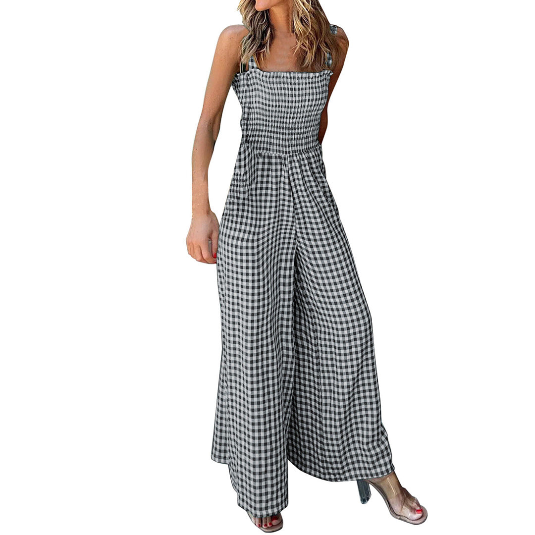 Women's Jumpsuit - Gingham Pattern - Smocked Top - Wide-Leg - Thin Straps