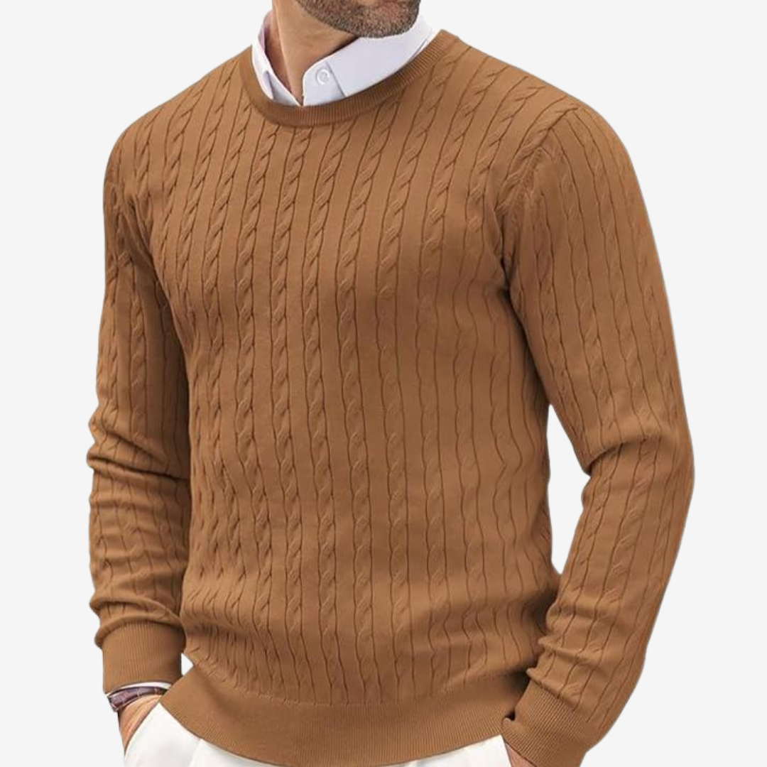 Men’s Sweater – 100% Cashmere – Tailored Fit – Crew Neck Cable Knit Long Sleeve