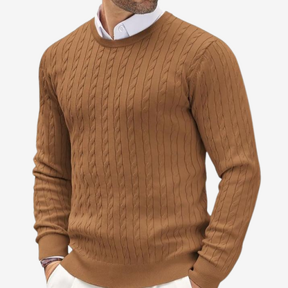 Men’s Sweater – 100% Cashmere – Tailored Fit – Crew Neck Cable Knit Long Sleeve