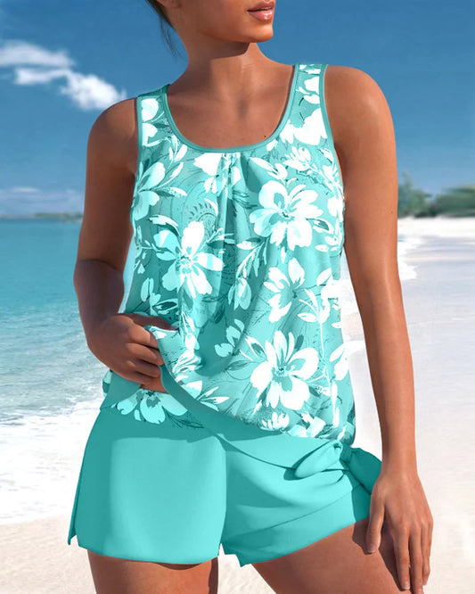 Women’s Tankini Set – Relaxed Fit – Breathable Blend – Flowy Top with Wrap Shorts