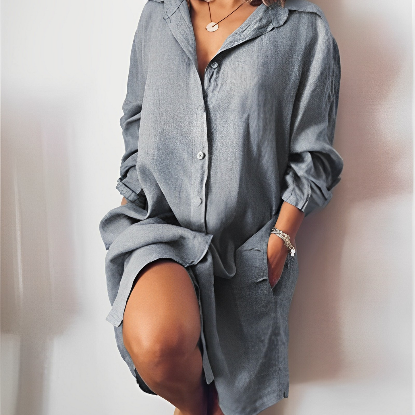 Women’s Blouse – Relaxed Fit – Natural Fibers – Button Front – Mid-Thigh Length – Long Sleeve