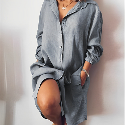 Women’s Blouse – Relaxed Fit – Natural Fibers – Button Front – Mid-Thigh Length – Long Sleeve