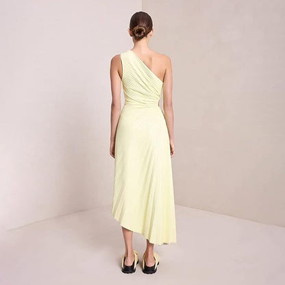 Women's One-Shoulder Evening Gown - Pleated Design - Fitted Bodice - Floor-Length Elegant Wear