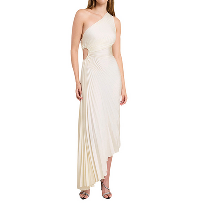 Women's One-Shoulder Evening Gown - Pleated Design - Fitted Bodice - Floor-Length Elegant Wear