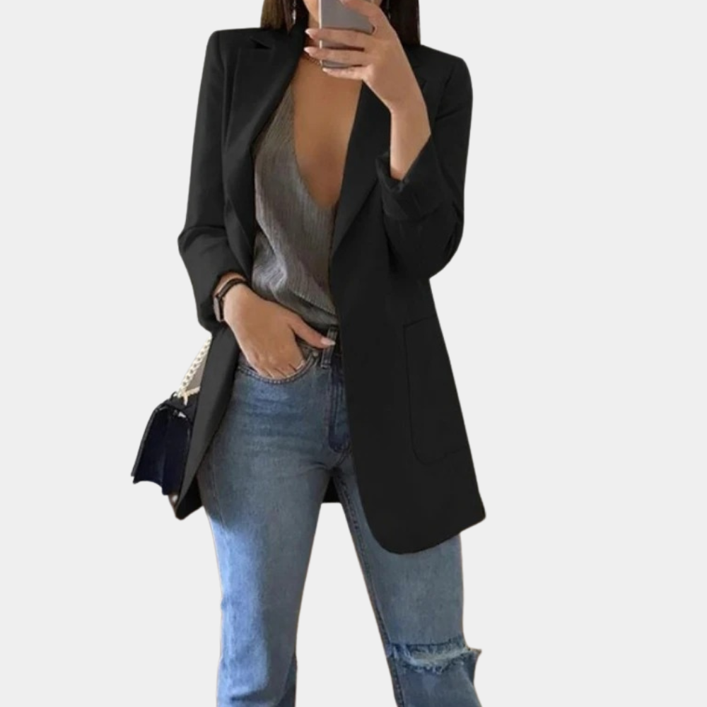 Women's Longline Blazer - Tailored Fit - Open Front - Notched Lapel - Flap Pockets