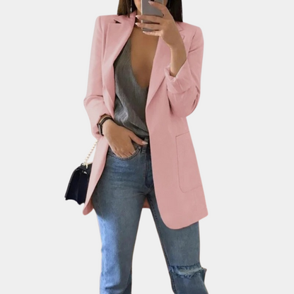 Women's Longline Blazer - Tailored Fit - Open Front - Notched Lapel - Flap Pockets