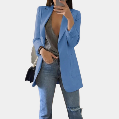 Women's Longline Blazer - Tailored Fit - Open Front - Notched Lapel - Flap Pockets