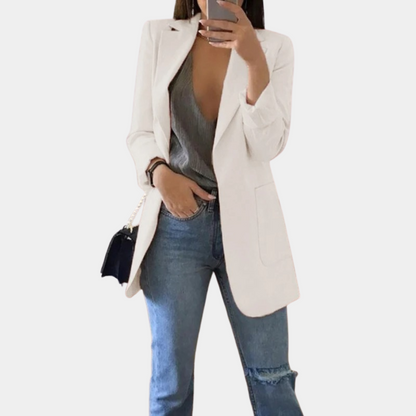 Women's Longline Blazer - Tailored Fit - Open Front - Notched Lapel - Flap Pockets