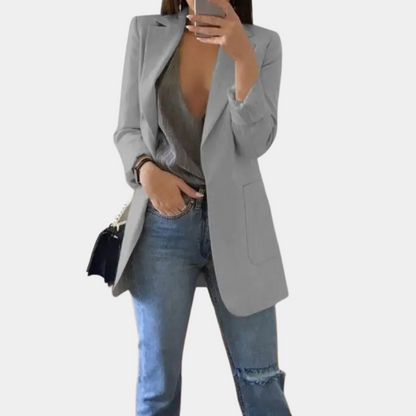 Women's Longline Blazer - Tailored Fit - Open Front - Notched Lapel - Flap Pockets