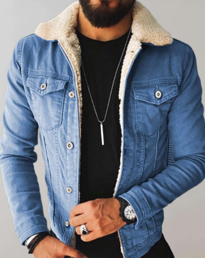 Men's Denim Jacket - Shearling Lined - Button-Up - Regular Fit - Casual Style
