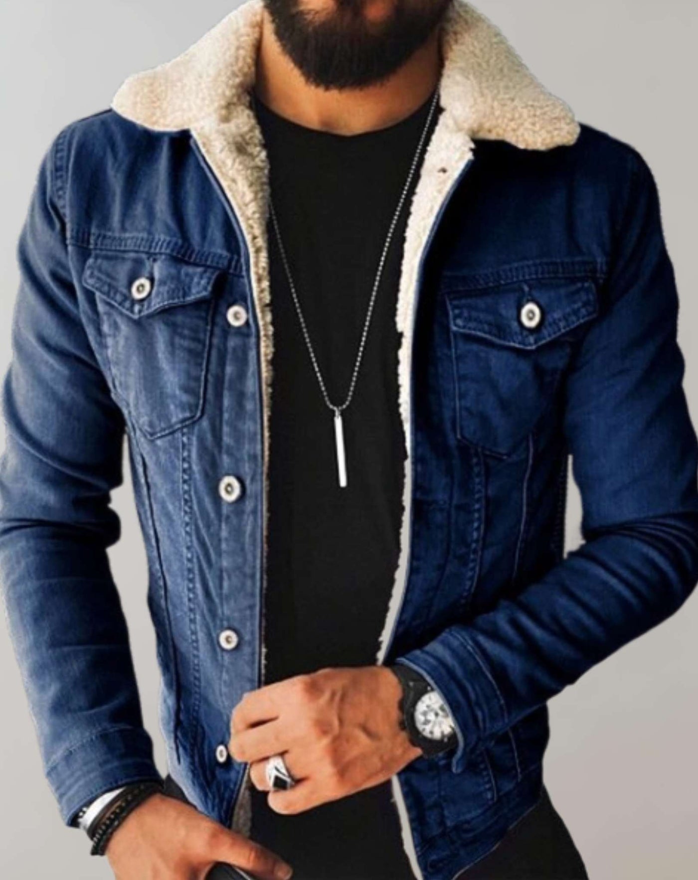 Men's Denim Jacket - Shearling Lined - Button-Up - Regular Fit - Casual Style