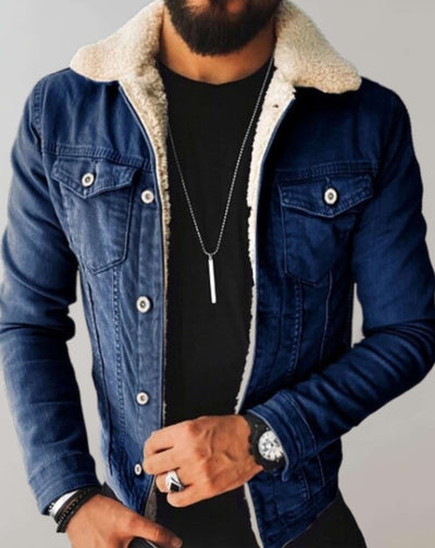 Men's Denim Jacket - Shearling Lined - Button-Up - Regular Fit - Casual Style