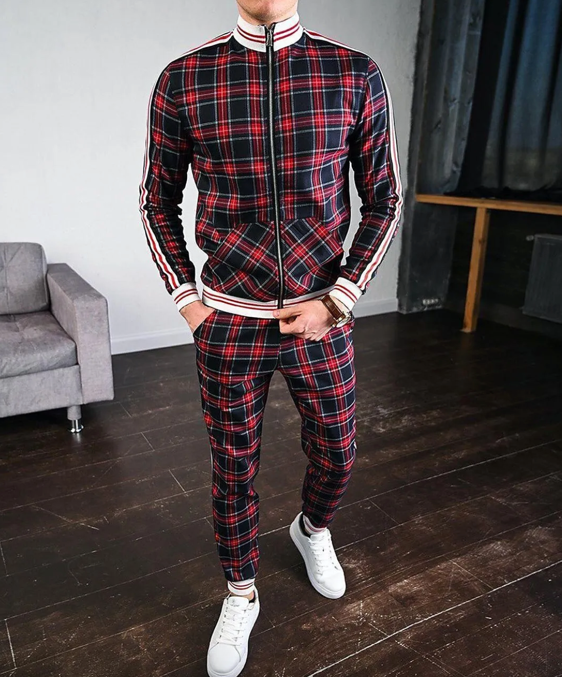 Men’s Tracksuit – Plaid Print – Zip-Up Jacket & Joggers – Striped Detailing – Slim Fit