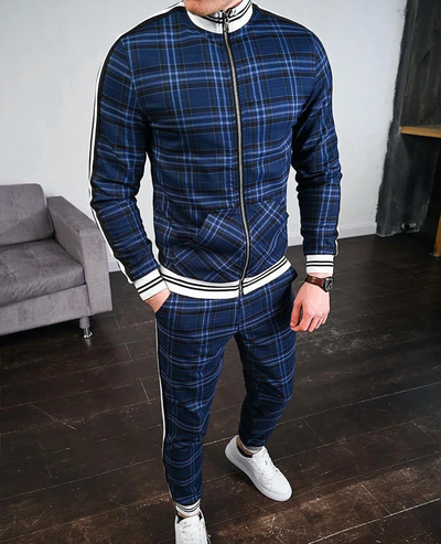 Men’s Tracksuit – Plaid Print – Zip-Up Jacket & Joggers – Striped Detailing – Slim Fit
