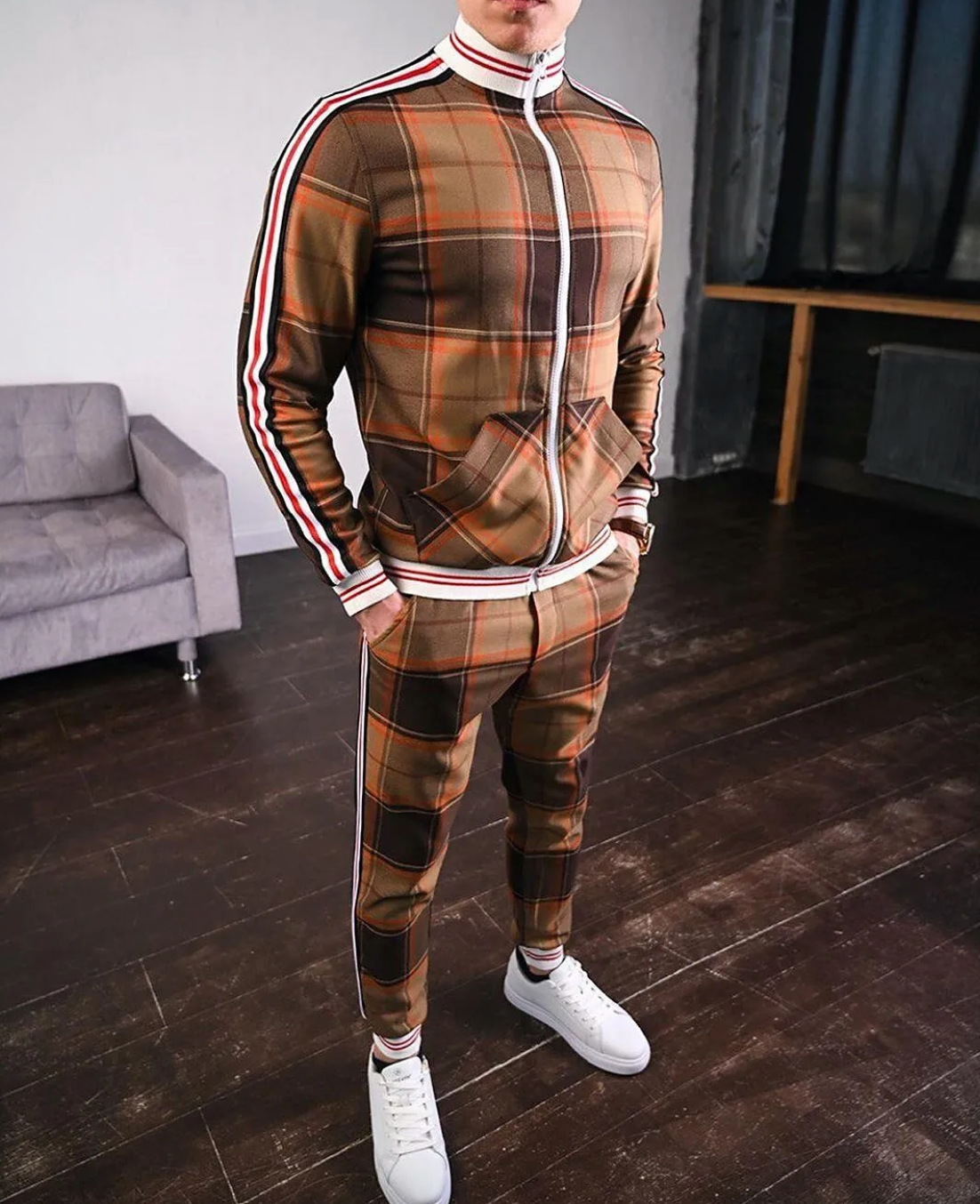 Men’s Tracksuit – Plaid Print – Zip-Up Jacket & Joggers – Striped Detailing – Slim Fit