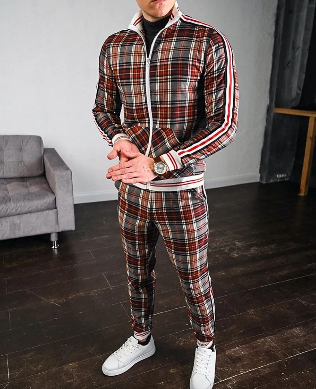 Men’s Tracksuit – Plaid Print – Zip-Up Jacket & Joggers – Striped Detailing – Slim Fit