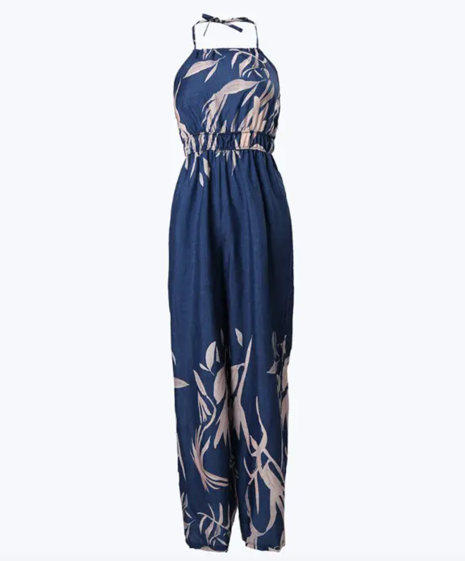 Women's Jumpsuit - Halter Neck - Cinched Waist - Wide-Leg Flowing Fabric - Floral Print